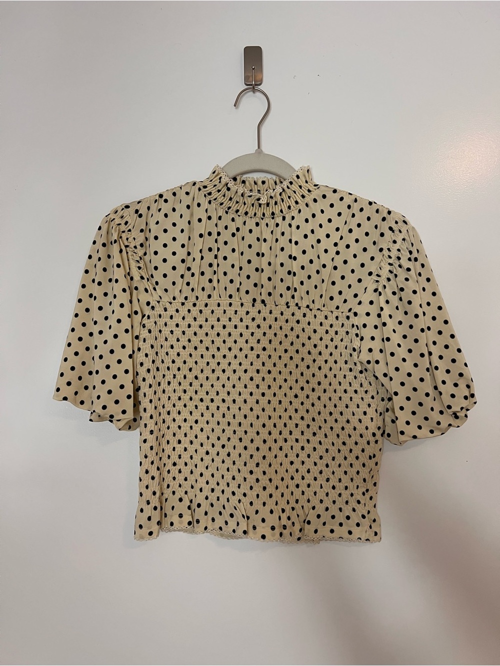 Sandro Cream Polka Dot Smocked Blouse
